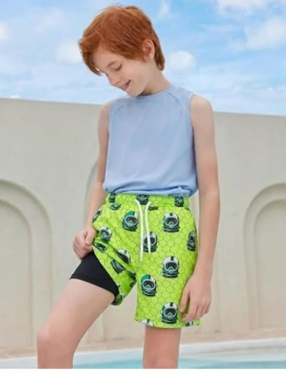 Boys Swim Trunks with Compression Liner Quick Dry Bathing Suit Green